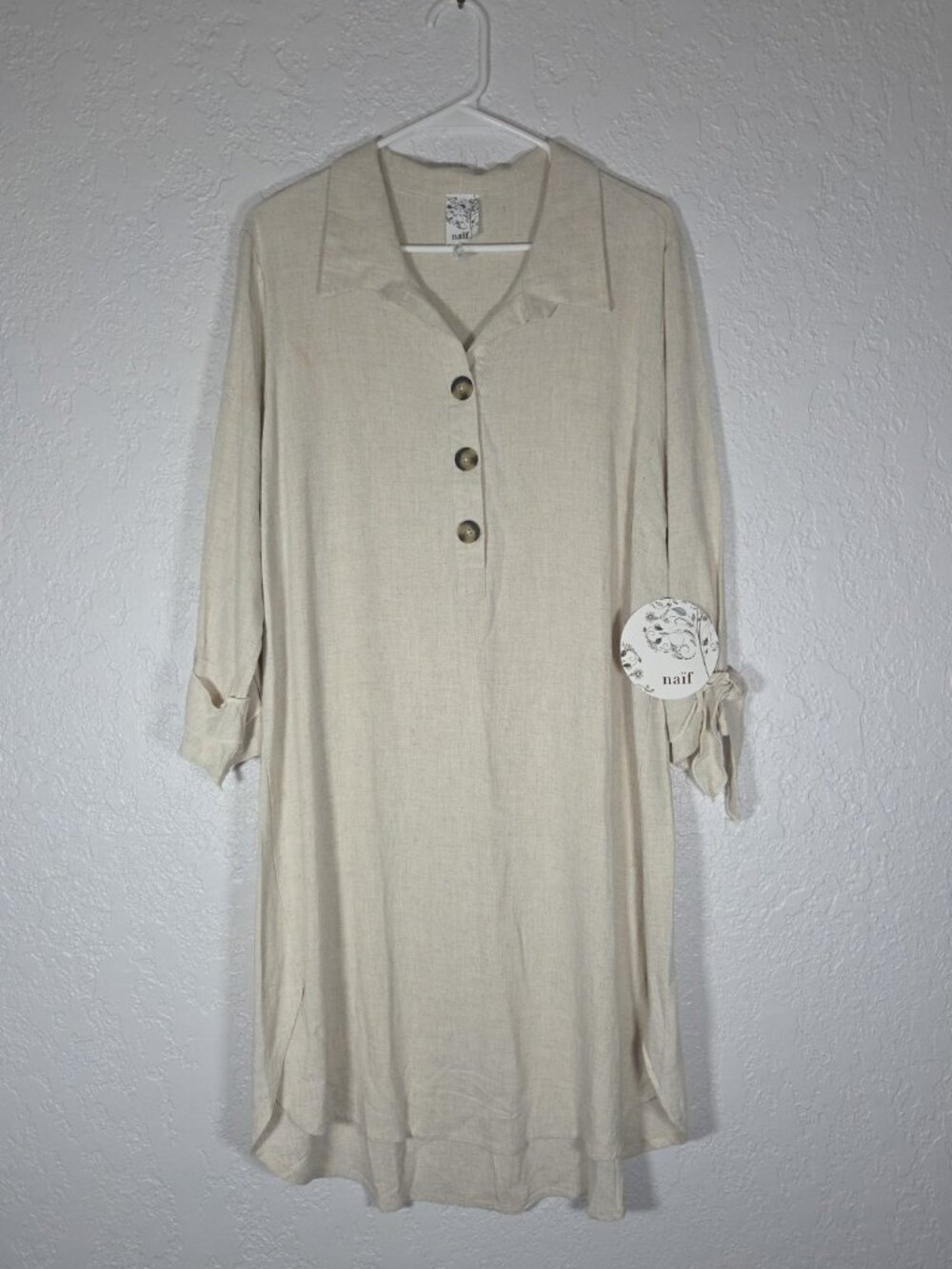Anthropologie Naif Beige Oatmeal Linen Blend Size XL Tie Sleeve Dress/Tunic